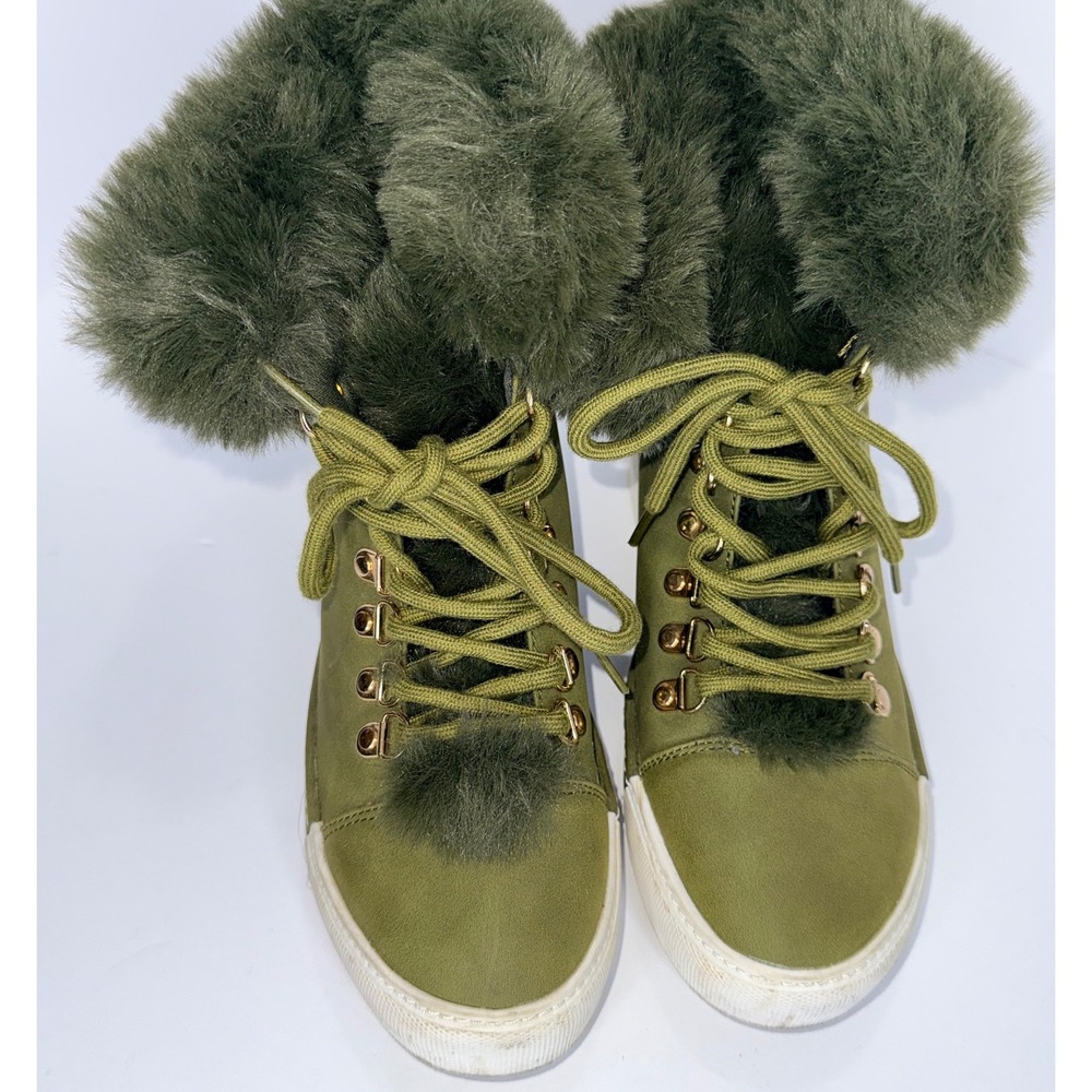 Liliana Wedge Bootie Womens 8.5 Olive Green Faux Fur Lace Up Hidden Wedge Winter - Picture 11 of 11